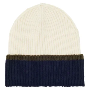 Bonnet Pedro en maille écru revers marine, filet kaki