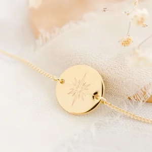 Bracelet personnalisé pastille chaine gravé rose des vents or GUIDE