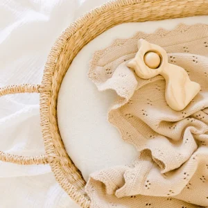 Grande couverture bébé tricotée taupe 100% coton BIENVENUE AU MONDE